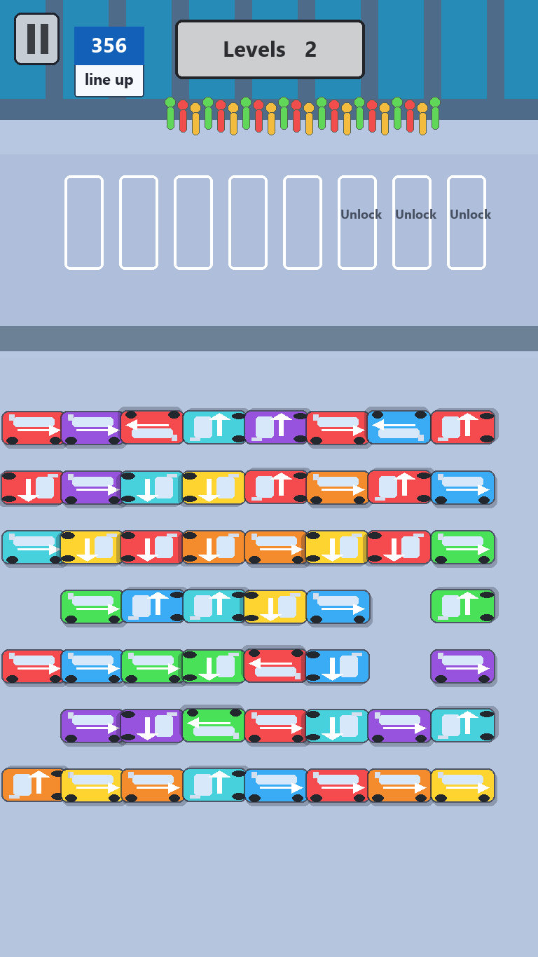 Parking Battle gameplay with many colored cars and parking slots