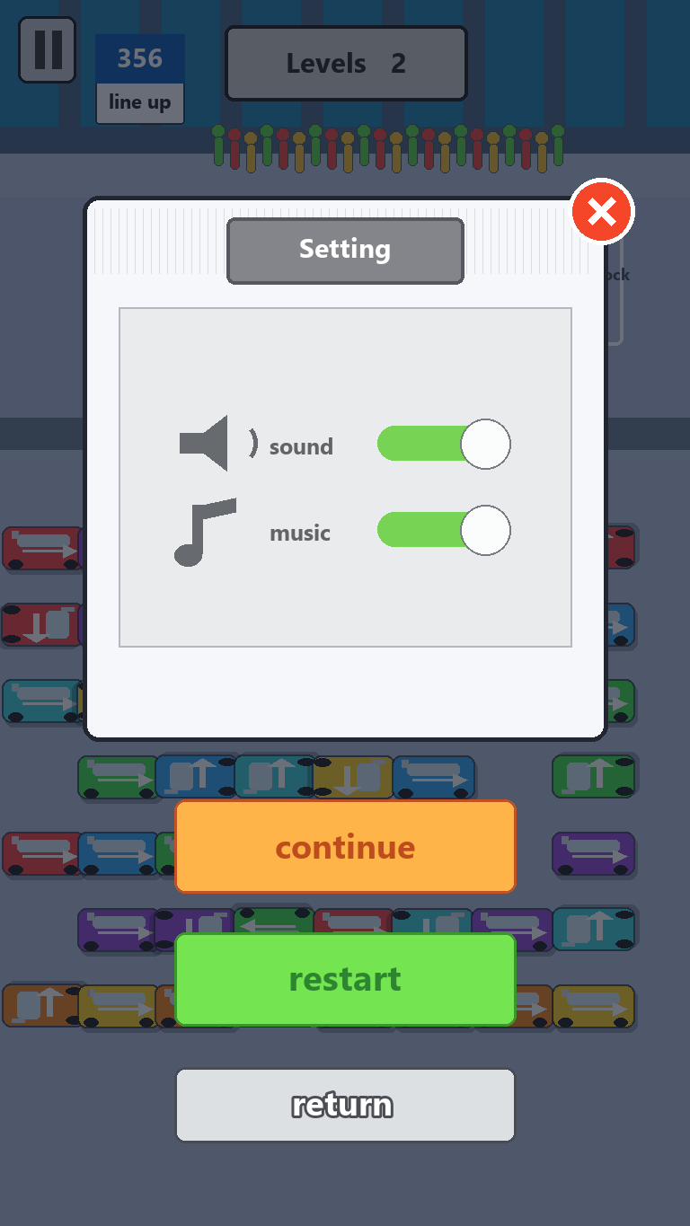 Parking Battle settings overlay with sound and music controls