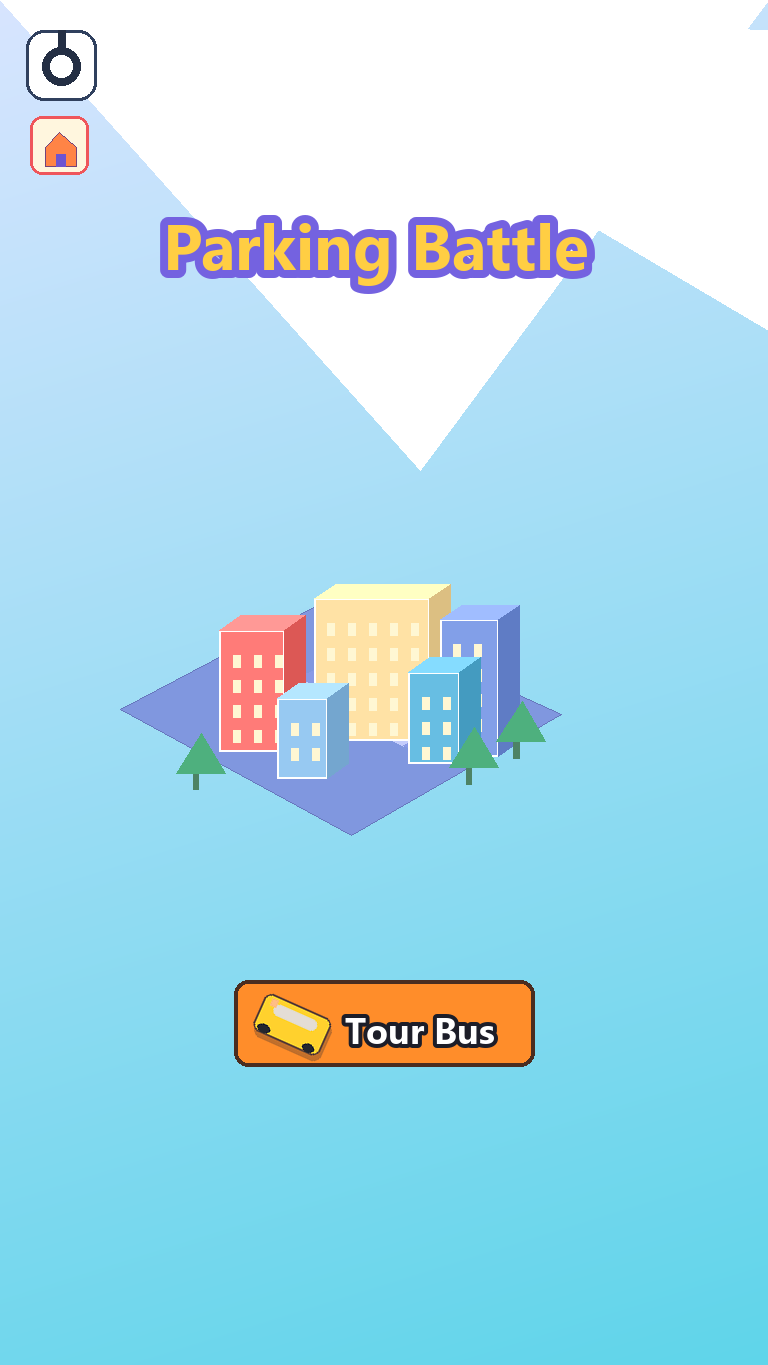 Parking Battle title screen with city island and tour bus button